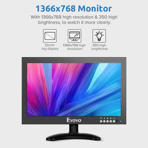 شاشة Eyoyo مقاس 12 بوصة صغيرة HDMI CCTV، شاشة LED بإطار معدني 1366x768 IPS مع دعامة حائط وجهاز تحكم عن بعد مع مكبرات صوت مدمجة بمدخل HDMI/VGA/AV/BNC للكمبيوتر الشخصي وكاميرا الأمان وRaspberry Pi in Kuwait