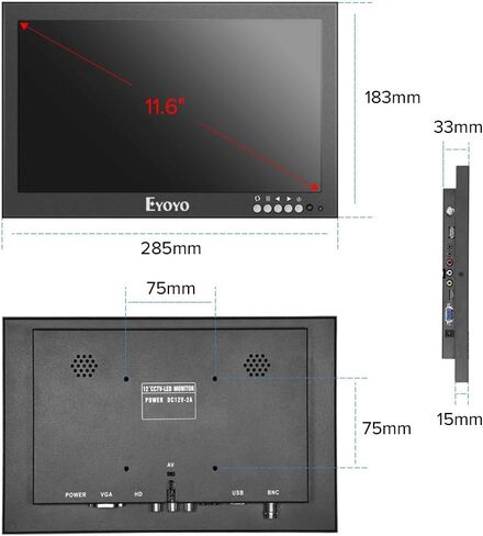 شاشة Eyoyo مقاس 12 بوصة صغيرة HDMI CCTV، شاشة LED بإطار معدني 1366x768 IPS مع دعامة حائط وجهاز تحكم عن بعد مع مكبرات صوت مدمجة بمدخل HDMI/VGA/AV/BNC للكمبيوتر الشخصي وكاميرا الأمان وRaspberry Pi in Kuwait