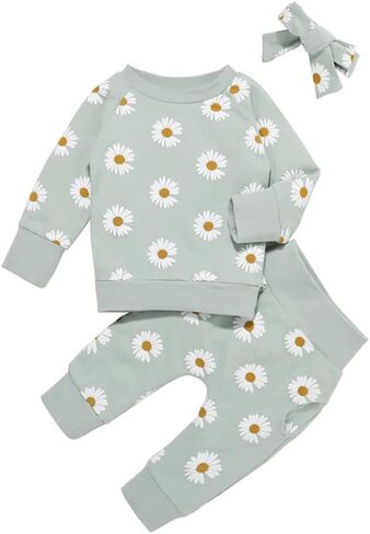 Baby Girl Clothes, 3 Pieces Long Sleeved Cute Toddler Infant Outfits Kids Tops and Pants Set in Saudi Arabia