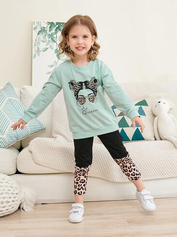 ملابس للفتيات الصغيرات، بلوفر علوي بكتف منسدل، بنطال بطبعة الفهد، مجموعة ملابس الخريف والشتاء in Kuwait