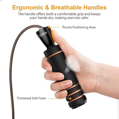 Gritin Skipping Rope, Speed Jump Rope Non-Slip Memory Foam Handle Tangle-free Adjustable Rope with Rapid Ball Bearings Fitness Workouts Fat Burning Exercises for Adults-black in Saudi Arabia