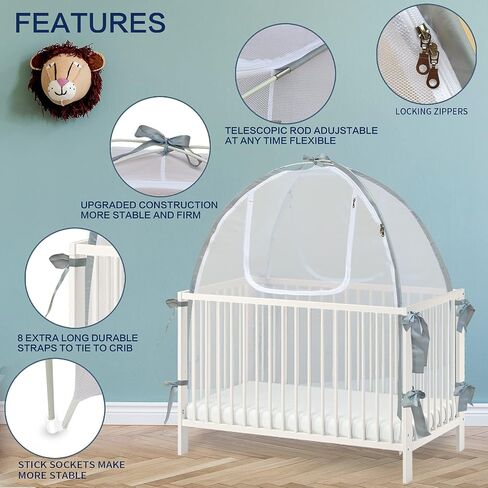 Baby Crib Tent Safety Net, Durable Strong Self-Locking Zippers, Protects from Climbing Out and, Insects, Mosquitoes, Installs with Rods (Crib 52.25" - 28.25") in Saudi Arabia