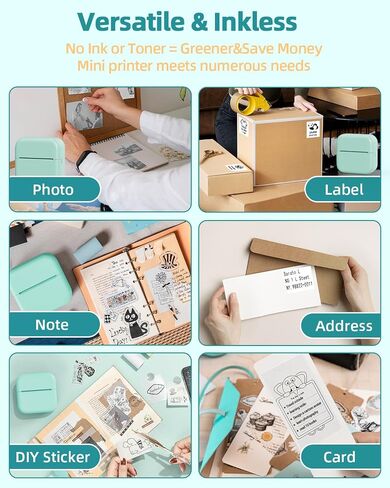 Zodzi Mini Sticker Printer, Bluetooth Pocket Printer with 6 Rolls Self-Adhesive Paper(Only Green-6rolls is Sticker), Portable Thermal Printer for iOS&Android, Note Buddy Photo Printer Print Pod,Green in Saudi Arabia