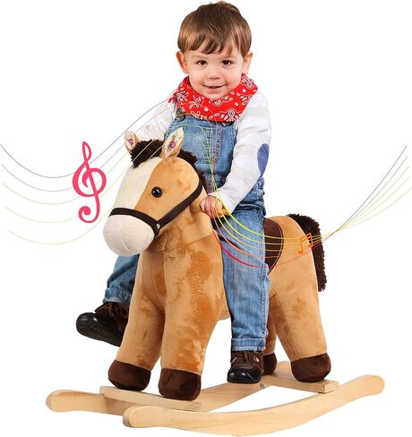 Rock My Baby Rocking Horse, Dark Brown Horse Rocker for Toddlers 18M+, Plush Ride on Horse Toy with Realistic Sound,Soft Stuffed Filling, CPC Certified in Kuwait