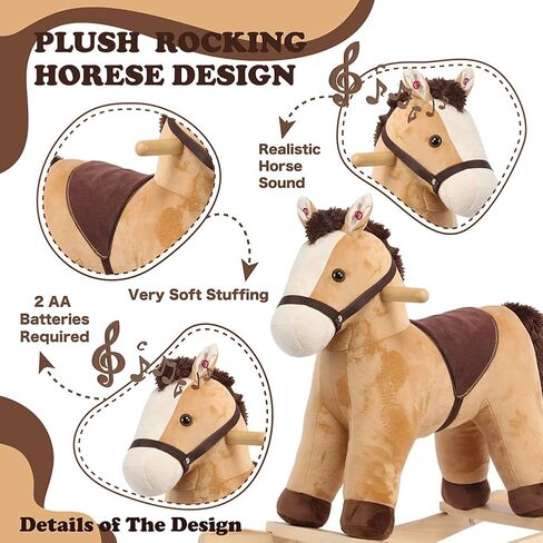 Rock My Baby Rocking Horse, Dark Brown Horse Rocker for Toddlers 18M+, Plush Ride on Horse Toy with Realistic Sound,Soft Stuffed Filling, CPC Certified in Kuwait