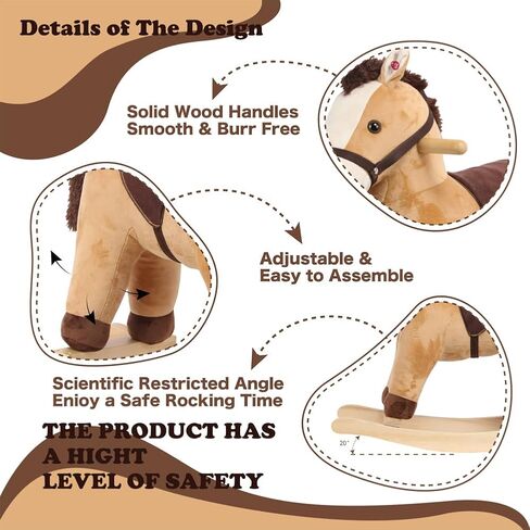 Rock My Baby Rocking Horse, Dark Brown Horse Rocker for Toddlers 18M+, Plush Ride on Horse Toy with Realistic Sound,Soft Stuffed Filling, CPC Certified in Kuwait