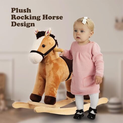 Rock My Baby Rocking Horse, Dark Brown Horse Rocker for Toddlers 18M+, Plush Ride on Horse Toy with Realistic Sound,Soft Stuffed Filling, CPC Certified in Kuwait