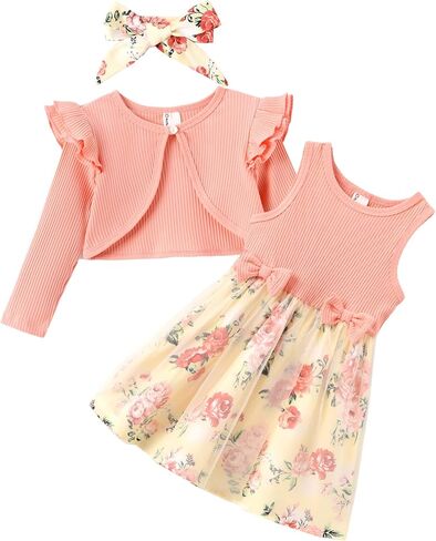PATPAT Toddler Baby Girls Dress and Cardigan Mesh Sleeveless Playwear Dress and Ruffle Shrug with Headband in Kuwait