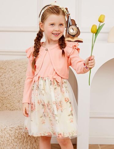 PATPAT Toddler Baby Girls Dress and Cardigan Mesh Sleeveless Playwear Dress and Ruffle Shrug with Headband in Kuwait