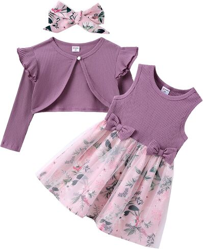 PATPAT Toddler Baby Girls Dress and Cardigan Mesh Sleeveless Playwear Dress and Ruffle Shrug with Headband in Kuwait