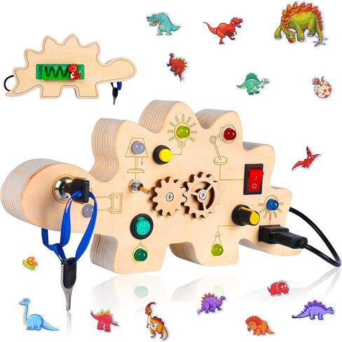 Montessori Toddler Busy Board for 1+ Year Old, Dinosaur Busy Board with LED Light, Travel Toys Preschool Learning Activities, Wooden Busy Board for 1 2 3 4+ Baby Boys Girls Christmas Birthday in Saudi Arabia