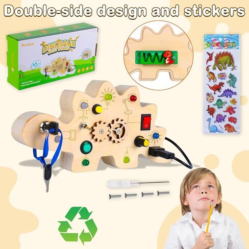 Montessori Toddler Busy Board for 1+ Year Old, Dinosaur Busy Board with LED Light, Travel Toys Preschool Learning Activities, Wooden Busy Board for 1 2 3 4+ Baby Boys Girls Christmas Birthday in Saudi Arabia