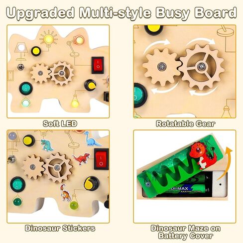Montessori Toddler Busy Board for 1+ Year Old, Dinosaur Busy Board with LED Light, Travel Toys Preschool Learning Activities, Wooden Busy Board for 1 2 3 4+ Baby Boys Girls Christmas Birthday in Saudi Arabia