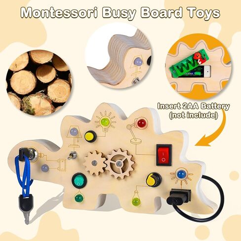 Montessori Toddler Busy Board for 1+ Year Old, Dinosaur Busy Board with LED Light, Travel Toys Preschool Learning Activities, Wooden Busy Board for 1 2 3 4+ Baby Boys Girls Christmas Birthday in Saudi Arabia