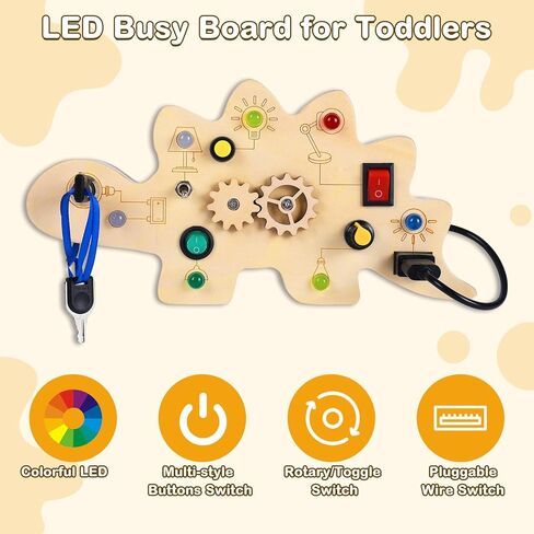 Montessori Toddler Busy Board for 1+ Year Old, Dinosaur Busy Board with LED Light, Travel Toys Preschool Learning Activities, Wooden Busy Board for 1 2 3 4+ Baby Boys Girls Christmas Birthday in Saudi Arabia
