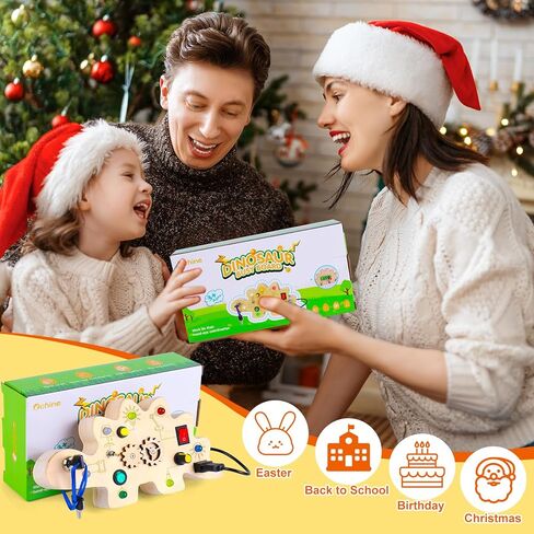 Montessori Toddler Busy Board for 1+ Year Old, Dinosaur Busy Board with LED Light, Travel Toys Preschool Learning Activities, Wooden Busy Board for 1 2 3 4+ Baby Boys Girls Christmas Birthday in Saudi Arabia