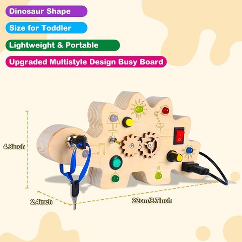 Montessori Toddler Busy Board for 1+ Year Old, Dinosaur Busy Board with LED Light, Travel Toys Preschool Learning Activities, Wooden Busy Board for 1 2 3 4+ Baby Boys Girls Christmas Birthday in Saudi Arabia