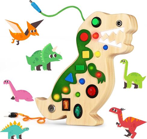 Montessori Busy Board Toy for Toddlers Busy Board with 10 LED Lights Switches Wooden Dinosaur Busy Board Toy Sensory Activity Board for Toddlers Travel Toy for Boys & Girls in Saudi Arabia