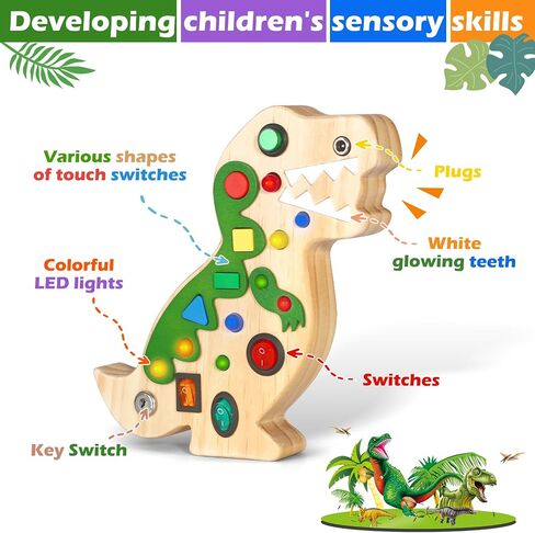 Montessori Busy Board Toy for Toddlers Busy Board with 10 LED Lights Switches Wooden Dinosaur Busy Board Toy Sensory Activity Board for Toddlers Travel Toy for Boys & Girls in Saudi Arabia