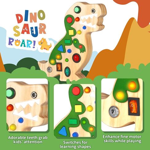 Montessori Busy Board Toy for Toddlers Busy Board with 10 LED Lights Switches Wooden Dinosaur Busy Board Toy Sensory Activity Board for Toddlers Travel Toy for Boys & Girls in Saudi Arabia