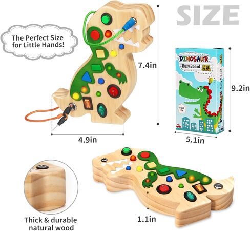 Montessori Busy Board Toy for Toddlers Busy Board with 10 LED Lights Switches Wooden Dinosaur Busy Board Toy Sensory Activity Board for Toddlers Travel Toy for Boys & Girls in Saudi Arabia