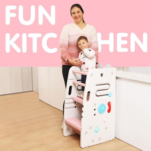 SDADI Multifunctional Toddler Kitchen Stool Helper with Double Safety Rails- Adjustable Height & Non-Slip Toddler Tower for Kitchen and Bathroom Use, Montessori Step Stool for Kids, Beige and Pink in Saudi Arabia