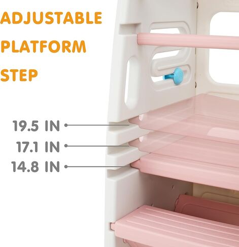 SDADI Multifunctional Toddler Kitchen Stool Helper with Double Safety Rails- Adjustable Height & Non-Slip Toddler Tower for Kitchen and Bathroom Use, Montessori Step Stool for Kids, Beige and Pink in Saudi Arabia