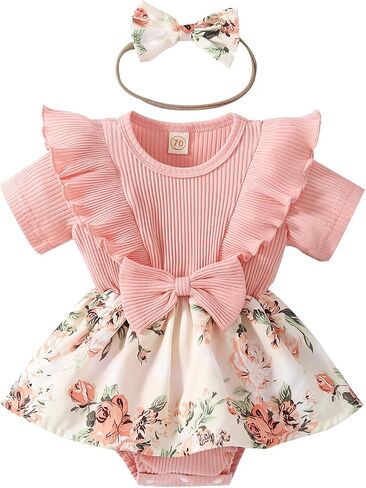 Toddler Baby Girl Romper, Lace Ruffle Short Sleeve Ribbed Romper Suspender Skirt Set Summer Toddler Baby Girl Outfits in Saudi Arabia