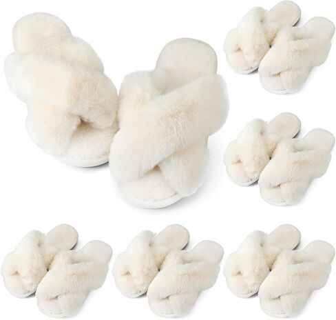 6 Pairs Bridesmaid Slippers Bulk, White Fuzzy Slippers for Women Fluffy Cozy Open Toe Soft Bride Slipper Wedding Ladies Furry House Shoes in Kuwait