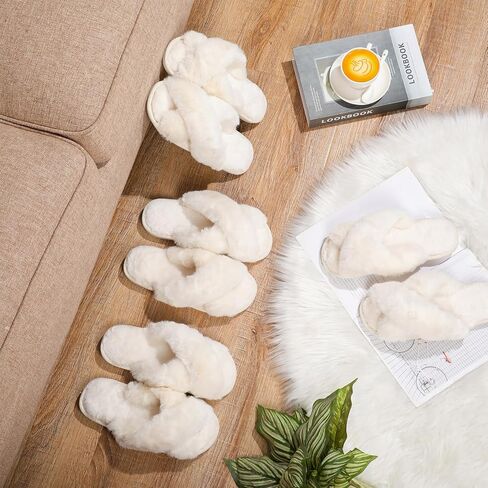 6 Pairs Bridesmaid Slippers Bulk, White Fuzzy Slippers for Women Fluffy Cozy Open Toe Soft Bride Slipper Wedding Ladies Furry House Shoes in Kuwait