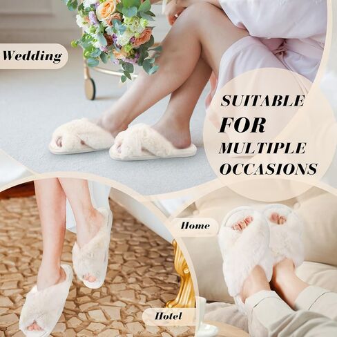 6 Pairs Bridesmaid Slippers Bulk, White Fuzzy Slippers for Women Fluffy Cozy Open Toe Soft Bride Slipper Wedding Ladies Furry House Shoes in Kuwait