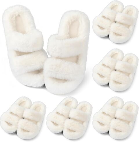 6 Pairs Bridesmaid Slippers Bulk, White Fuzzy Slippers for Women Fluffy Cozy Open Toe Soft Bride Slipper Wedding Ladies Furry House Shoes in Kuwait
