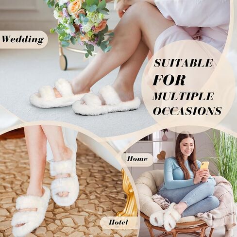 6 Pairs Bridesmaid Slippers Bulk, White Fuzzy Slippers for Women Fluffy Cozy Open Toe Soft Bride Slipper Wedding Ladies Furry House Shoes in Kuwait