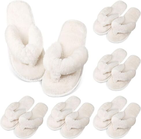 6 Pairs Bridesmaid Slippers Bulk, White Fuzzy Slippers for Women Fluffy Cozy Open Toe Soft Bride Slipper Wedding Ladies Furry House Shoes in Kuwait
