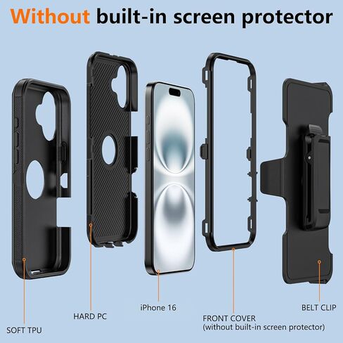حافظة لهاتف Apple iPhone 16 مع مشبك حزام ومسند، حافظة متينة متعددة الطبقات لحماية الجسم بالكامل مع حزام حزام لهاتف Apple iPhone 16 6.1 بوصة (أسود) in Kuwait