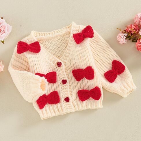 Baby Sweater Cardigan 3D Bow Cable-Knit Spring Coat Long Sleeve Button Up V-Neck Cardigan for Baby Girl Warm Coat in Kuwait