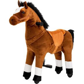 Ride on Horse Toys, Kids Riding Horse Toys Ride on Toys for 4-9 Years Old, Premium Plush Animals Toys Walking Horse with Wheels (Brown, 33.46" L x 11.81" W x 35.83" H)