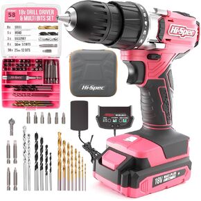 Hi-Spec 58pc 18V Cordless Power Drill Driver, Bit Set & Case. Complete Pink Drill and Drill Bit Set for Home & Garage DIY