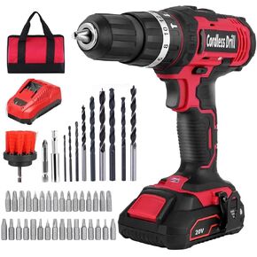 Cordless Drill Set, Power Drill 45Pcs with 3/8 Inch Keyless Chuck, 16+1+1 Clutch Electric Drill with Work Light, Max torque 35Nm, 2-Variable Speed with 2.4A Fast Charger and Batteries