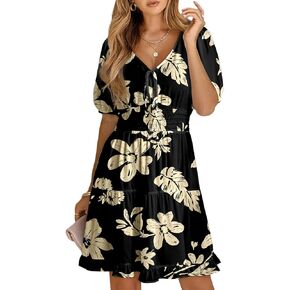 Dokotoo Womens Dresses 2025 Deep V Neck Lantern Sleeve Summer Dresses Shirred Elastic Waist A-Line Mini Dress