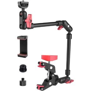Magic Arm Camera Mount Super Clamp, 22inch Mic Boom Arm Camera Clamp Mount with Phone Holder and 3/8" 5/8" Screw Adapters, Articulating Arm for Microphone, Webcam, Phone, LED Light, Tripod, Rig, Desk