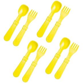Re-Play Made in USA Toddler Forks and Spoons, Pack of 8 Without Carrying Case - 4 Kids Forks with Rounded Tips and 4 Deep Scoop Toddler Spoons - 0.2" Thick Toddler Utensils, Red