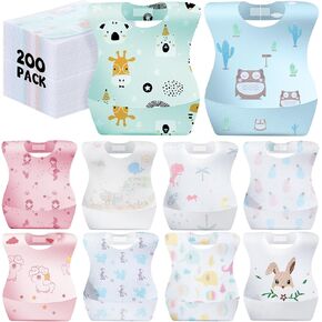 200 Pcs Disposable Baby Bibs Individual Wrapped Travel Feeding Bib Toddler Bibs Soft and Leakproof Food Catcher Pocket for Toddlers Girls Boys