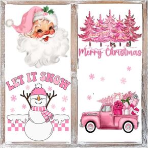 Pink Christmas Door Decals Clings,Pink Christmas Window Clings for Glass Windows Large,Pink Christmas Window Decals,Pink Xmas Window Clings,Pink Christmas Santa Snowman Window Cling Stickers