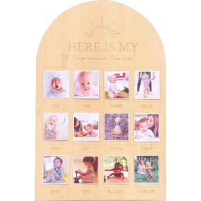 YOUAME One Year Birthday Wooden Photo Board - My First Year Milestone Photo Board，Here is my 1st year around the sun themed 12 Months Baby Birthday Picture Frame