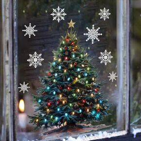 Christmas Tree Window Clings Stickers Winter Snowflakes Merry Christmas Tree Snowflake Window Decals Removable Winter Xmas Windows Decoration for Xmas Party Home Holiday Shop Glass Display Decoration
