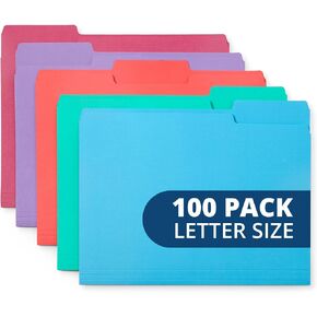 Blue Summit Supplies Gem Tone File Folders, 1/3 Cut Tab, Letter Size, Assorted Colors, Great for Organizing and Easy File Storage, 100 Per Box