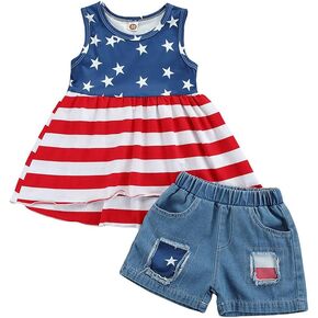 Infant Kid Baby Boys Girls 4th of July Outfit Sleeveless Tank T-Shirt Top USA Independence Day American Flag Clothes