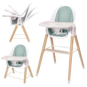 Baby High Chair, 6-in-1 Convertible Wooden Recline Chair with Adjustable Hardwood Leg for Babies and Toddlers, Double Dishwasher Safe Tray & Premium Leatherette