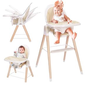 Baby High Chair, 6-in-1 Convertible Wooden Recline Chair with Adjustable Hardwood Leg for Babies and Toddlers, Double Dishwasher Safe Tray & Premium Leatherette